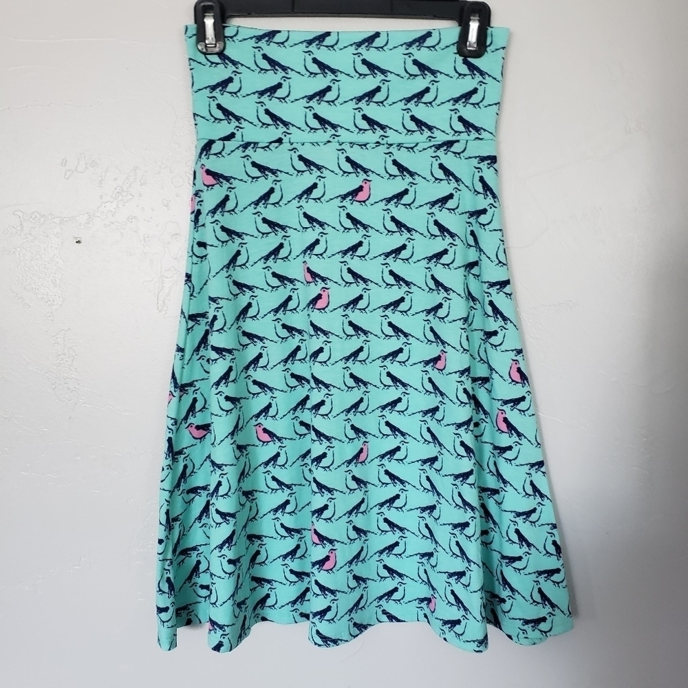 LuLaRoe XS Blue Midi Skirt Navy Birds Sparrows Pink Novelty Print Circle Skater